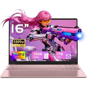 FUNYET 2025 PC Portatile 16'' Celeron N150 Core 3.6GHz Laptop 16 GB RAM 1 TB SSD Win 11 Pro 6000mAh Battery Notebook FHD 1920×1200 USB 3.0 BT 5.0 WIFI 5 HDMI Tastiera Retroilluminata-Rosa