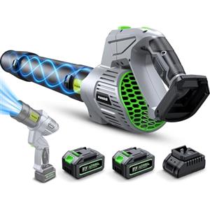 Hasidi Soffiatore a Batteria, 990.000 RPM, Motore Brushless, Soffiatore Foglie Elettrico Completo di 2 Batterie, Caricabatterie e 2 Ugelli, 5 Velocità Regolabili, per Giardino, Patio, Auto e Rimozione Neve