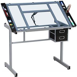 Yaheetech Tavolo da Disegno Inclinabile Scrivania con Piano in Vetro Regolabile Struttura in Acciaio Mobile Studio con Cassetti a Doppio Uso per Arte Pittura Design Lavoro Altezza Regolabile