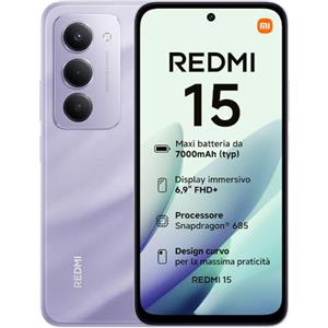 XIAOMI Redmi 15, Smartphone 8+256GB, DotDisplay FHD+ 144Hz da 6,9", Snapdragon 685, doppia fotocamera AI da 50MP, Batteria da 7000mAh, Garanzia di 2 anni, Viola, Caricabatterie non incluso