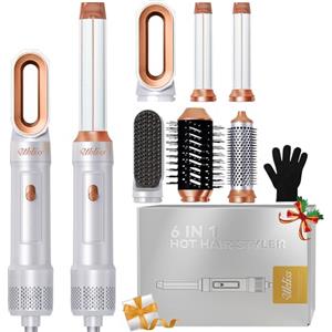 UKLISS Spazzola ad Aria Calda, Hair Styler 6 in 1 Set con Asciugacapelli Ionico, Arricciacapelli Automatico, Hair Dryer, Thermal Brush, Hair Straightener, Set Regalo per Donne Ricci, Lisci - Bianco
