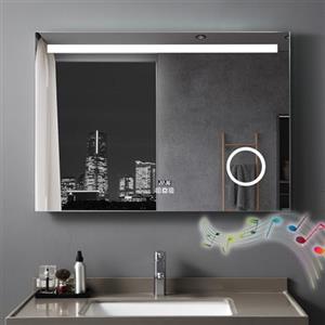 MEESALISA Specchio Bagno con Luce 100 x 70 cm, Specchio Bagno Led Bluetooth, Presa, Orologio, Dimmerabile, 3 Colori di Luce, Antiappannamento, Lente D'ingrandimento 3X, Grande Specchio da Parete