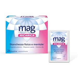 Mag Ricarica - Integratori per Adulti con Magnesio Pidolato, magnesio ossido, Vitamina B6, per Stanchezza Fisica e Mentale - Senza Glutine, Senza Lattosio (24 Bustine Aroma Limone)