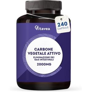 Vitavea CARBONE VEGETALE ATTIVO - Detox Naturale - 240 Capsule Vegetali - Pancia Gonfia - 2000 mg per Assunzione - Contro Flatulenza e Meteorismo - Derivato da Noce di Cocco - Naturale e Vegano