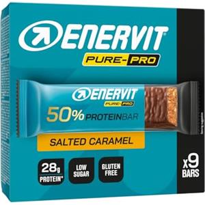 Enervit Pure-Pro Protein Bar 50% Salted Caramel, Barrette Proteiche Senza Zucchero e Senza Glutine, Snack Proteici con 28g Proteine, Post Workout intensi, Ripieno Gusto Caramello, 9 Barrette da 55g