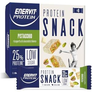 Enervit, Protein Snack al Pistacchio e Cioccolato Bianco, Low Sugar, Ricoperta di Cioccolato Bianco, Barrette Proteiche, Per il Controllo del Peso, Senza Glutine, 8 Barrette da 27g