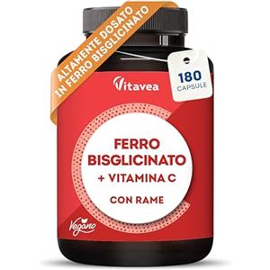 VITAVEA BIEN-ETRE Ferro con Vitamina C - Alta Biodisponibilità (Ferro Bisglicinato Chelato) - Per Energia e Sistema Immunitario - Vegano, Senza Additivi - 180 Capsule - Vitavea