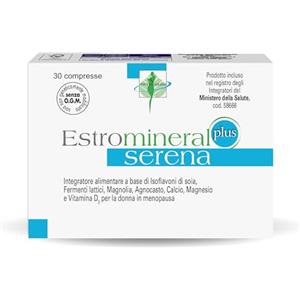 Estromineral Serena Plus, Integratore Menopausa, 30 Compresse con Isoflavoni di Soia, Fermenti Lattici, Magnolia, Agnocasto, Calcio, Magnesio e Vitamina D3, Senza Glutine e Senza Lattosio