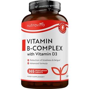 Nutravita Vitamina B Complex Alto Dosaggio con D3-365 Compresse (1 Anno) - Complesso Vitamine B con Biotina, Acido Folico, Metilcobalamina e Vitamina D3 - Integratore B1 B2 B3 B5 B6 B7 B9 e B12 - Nutravita