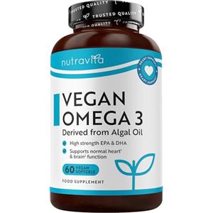 Nutravita Omega 3 Vegan ad alta efficienza 2000mg - 600mg DHA e 300mg EPA per 2 porzioni - Omega 3 derivato da Olio di Alghe - per la Salute del cuore - 60 Capsule molli vegane