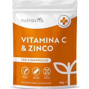 Nutravita Vitamina C Pura Alto Dossagio 1000mg + Zinco 15mg - 120 Compresse Vegane - Integratori Vitamina C Zinco ad Alta Resistenza - Sostiene il Sistema Immunitario, Pelle, Ossa, Unghie, Capelli