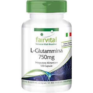 Fairvital | L-glutammina 750 mg - 1 mese - VEGAN - dose elevata - 120 capsule - forma libera di aminoacidi