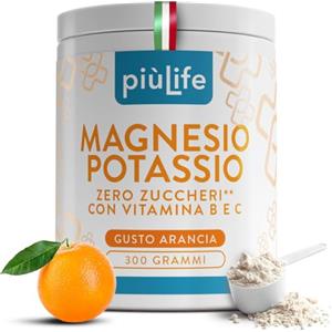 +LIFE Magnesio E Potassio Senza Zucchero 300g Arancia PiùLife Con Vitamina B12, B6, B1, Acido Folico, Vit C, Energia Integratori Stanchezza, Sali Minerali, Muscoli, Sistema Nervoso, Magnesio In Polvere
