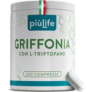+LIFE Griffonia Triptofano Alto Dosaggio PiùLife, 200 Compresse Da 400mg, 80mg L-triptofano Precursore della Serotonina, Sonnifero Potente Naturale Dormire Meglio, Integratore Buon Umore, Ansia E Stress
