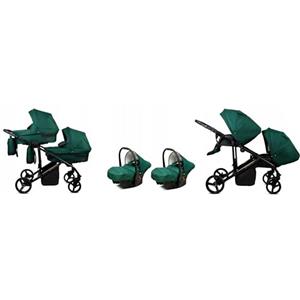 BabyLux® Bambini Passeggino per gemelli Completo Set 3in1 - Duo | Bottle Green - Navicella, Canna, Seggiolino Auto - Carrozzina Neonati Sistema Combinato - con Borsa fasciatoio, Copertura antipioggia