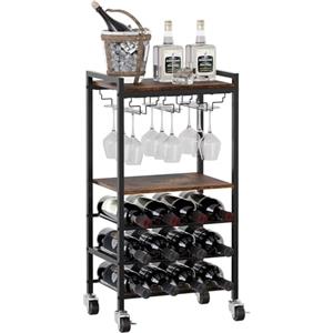 EasyPAG Porta Bottiglie di Vino da Terra per 12 Bottiglie Metallo,Carrello Vino,Portabottiglie da Pavimento,Portavino Autoportante con Portabicchieri per Casa & Cucina,Marrone