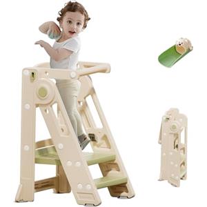 hoopyosms Torre di Apprendimento Pieghevole per Bambini, Sgabello Montessori Regolabile in Altezza, Scala Montessoriana Versatile per Bambini (Classica, Verde)