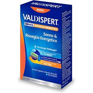Valdispert Sonno & Risveglio Energetico, 24 Compresse per l'Addormentamento, il Sonno Regolare e l'Energia Mattutina con Melatonina, Estratti Vegetali, Vitamina B6 e B12, Senza Glutine e Lattosio