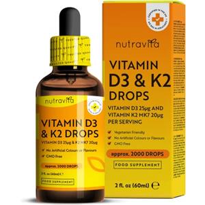 Nutravita Gocce Vitamina D3 K2 MK7 Alta Resistenza - Vitamina D 1000 UI K2 20ug per 2 Gocce - 60 ml - Fornitura per un anno + - Sostiene il Sistema Immunitario, Ossa, Muscoli e denti