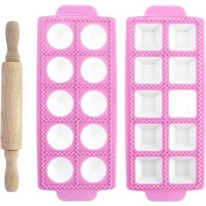 DAVIDJAMESCLARKE 2 stampi per ravioli, stampo ravioli grandi, stampo per tortellini, stampi per ravioli italiani, con 10 griglie, quadrati rosa e rotondi quadrati, con 1 mattarello, per la produzione ravioli, gnocchi