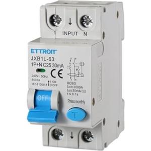 ETTROIT INTERRUTTORI MAGNETOTERMICI DIFFERENZIALI SALVAVITA PER BARRA DIN 2 MODULI 1P+N 240V 30mA 6KA (25A)