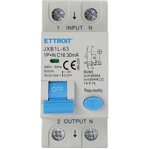 ETTROIT INTERRUTTORI MAGNETOTERMICI DIFFERENZIALI SALVAVITA PER BARRA DIN 2 MODULI 1P+N 240V 30mA 6KA (16A)