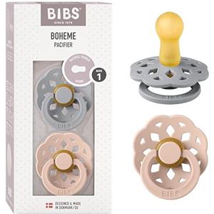 BIBS Boheme Ciuccio in Gomma Naturale - Confezione da 2 Pezzi, Tettarella Rotonda, Misura 1 (0-6 mesi), Privo di BPA, Design Cloud e Rosa Cipria