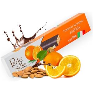 Perle di Sole - Torrone Morbido Fondente all'Arancia, 150 g. - Torrone Artigianale Italiano con Mandorle e Cubetti d'Arancia Candita Ricoperto di Cioccolato Fondente - Made in Italy