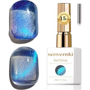 Senvenski Gelatina Vetro Cat Eye Smalto Semipermanente, 15ML Occhi di Gatto Magnetica per Gel Unghie Kit Olografico Glitterato Cristallo Smalti Unghie Salon Home DIY (Costa Azure, 0.5fl oz)