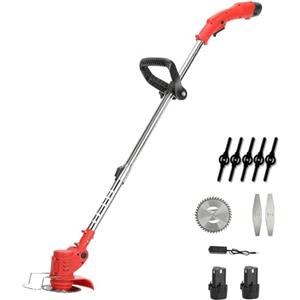 EagerMinds Tagliabordi elettrico senza fili con batteria, 12 V. Strumenti da giardino motorizzati con 3 tipi di lame per il taglio di giardino, erba e terra agricola (Rosso)