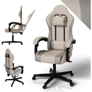 Juskys Sedia da gaming HyperSeat - Regolabile in altezza, schienale reclinabile e braccioli imbottiti, similpelle, ergonomica e resistente - Beige/grigio chiaro