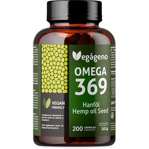 VEGÁGENO Vegageno OMEGA 3 6 9 Vegan. OMEGA 3 vegan ad alta concentrazione. 200 capsule. Con vitamina E naturale. Non OGM, senza glutine. Senza pesce. Solo verdura. Adatto a vegani.