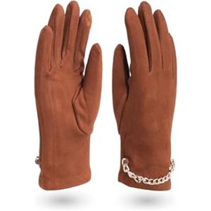 QUEEN HELENA Guanti Invernali Scamosciati con Catena Casual Donna G22-5 (Taglia Unica, Marrone)