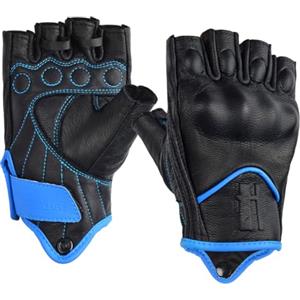 Harssidanzar Guanti da moto senza dita da donna,protezione contro le nocche guida motociclista guanti da moto touchscreen vera pelle di capra KL022,Nero Blu,Taglia S