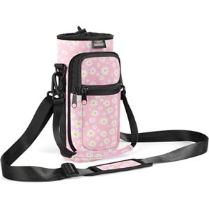 Nuovoware Borsa Portabottiglie, Portabottiglie da 750ml, Tracolla Regolabile, 2 Tasche, Manica in Neoprene, Accessori Sportivi per l'Escursionismo e i Viaggi, Margherita rosa