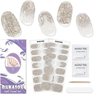 Ubaxquru DUKASOU Unghie Gel Adesive UV - Smalto Adesivo Gel UV (Sfarzoso Argento),28 PCS Pellicola Per Unghie Autoadesiva,Lampada UV/LED Adesivi Per Unghie in Gel,Di Lunga Durata