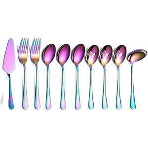 HOMQUEN Set di Posate da Portata Arcobaleno 10 Pezzi, Set Di Utensili Da Portata in Acciaio Inossidabile, Cucchiaio Da Portata Con Intaglio, Cucchiaio Da Portata, Pala Da Portata, Forchetta Da Portata,Mestolo
