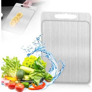 Farerkass Tagliere in titanio, 304 piastra in acciaio inox, da cucina, a doppio lato, taglierina in acciaio inox, con scanalato, per carni frutta verdura, 34 x 23 cm