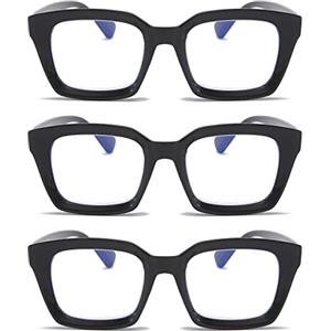 MMOWW Confezione da 3 Occhiali da Lettura Rettangolari - Oversized Square Frame Anti Luce Blu Occhiali donna uomo (Nera, +3.0)