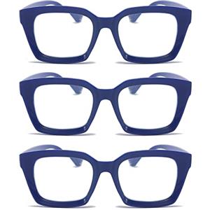 MMOWW Confezione da 3 Occhiali da Lettura Rettangolari - Oversized Square Frame Anti Luce Blu Occhiali donna uomo (Blu, +3.5)