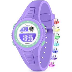 Facasu Orologio Digitale Bambini Ragazzi Ragazze con Luce Colorata,50m Impermeabile Fino,Sport all'aria Aperta,Cronometro,Allarme,Funzioni 12/24 ore,Regali Bambini dai 4 ai 15 anni (Viola-S)