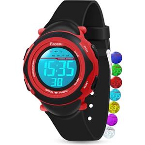 Facasu Orologio Digitale per Bambini, Ragazze e Ragazzi, Impermeabile, Luce Colorata, per Sport All'aria Aperta, Facile da Leggere e Regolare l'Ora Con Allarme (Negro)