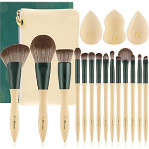 DUcare Juego de 14 brochas de maquillaje con 3 esponjas de maquillaje - Lime Series Professional Makeup Brush Kabuki Foundation