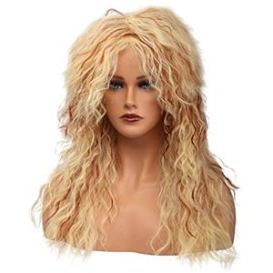 MEIRIYFA - Parrucca unisex stile anni '80, parrucca lunga e riccia, stile rocker/punk, parrucca per Halloween, feste in maschera e cosplay (bionda con ciocche castano-rossastro)