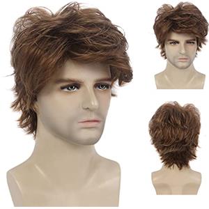 Meiriyfa - Parrucca corta da uomo, ondulata, riccia, in fibra sintetica, per cosplay, Halloween, uso giornaliero, colore marrone, lunghezza 30 cm