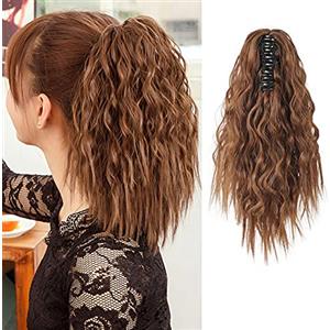 Meiriyfa, Extension per capelli a coda di cavallo, con capelli corti ondulati, da fissare con pinza per capelli, da donna, 40 cm, colore castano