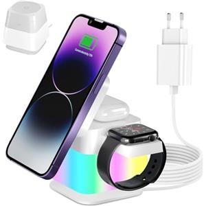 HUAJUN 4 in 1 Caricatore Wireless per iPhone, Stazione di Ricarica Pieghevole Inductive Wireless Charger con Luce Colorate, per iPhone Serie 16/15/14/13/12, AirPods Pro,Apple Watch 10/9/8/7/6