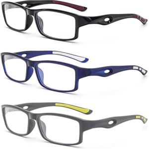 KoKoBin confezione da 3 occhiali da lettura rettangolari design sportivo TR90 flessibile anti luce blu aiuto alla lettura signore per uomini (2, Confezione da 3 (nero blu grigio))