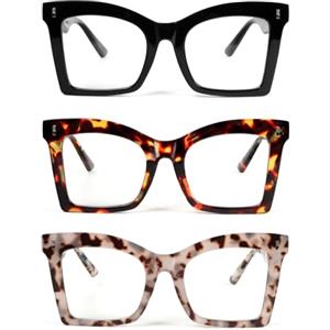KoKoBin 3 confezioni di occhiali da lettura quadrati da donna oversize con cerniera a molla anti luce blu occhiali (3 Pack, 3, x)