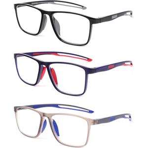 KoKoBin 3 confezioni di occhiali da lettura sportivi da uomo TR90 anti luce blu con e cerniera a molla rettangolare leggeri e confortevoli Aiuto alla lettura (3 Pack（Nero, blu, grigio）, 2.5, Diottria)